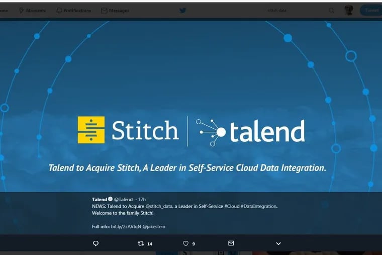 Stitch, a Philadelphia data software company, is being acquired by Talend, of Redwood City, Calif., for $60 million in cash.