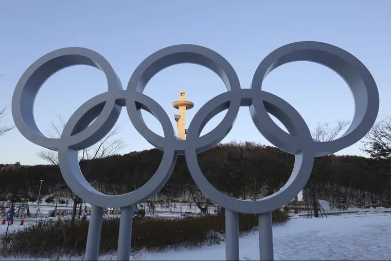 The Olympic rings are displayed outside the Main Press Center for the 2018 Pyeongchang Winter Olympics in Pyeongchang, South Korea.