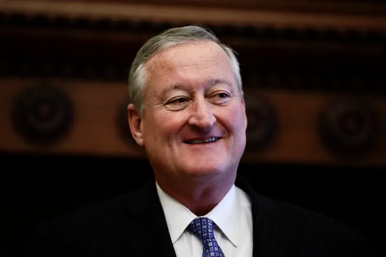 Philadelphia Mayor Jim Kenney smiles ahead of a news conference at City Hall in Philadelphia, Wednesday, Sept. 26, 2018. Kenney proposed legislation to increase the minimum wage for city workers and contractors. (AP Photo/Matt Rourke)
