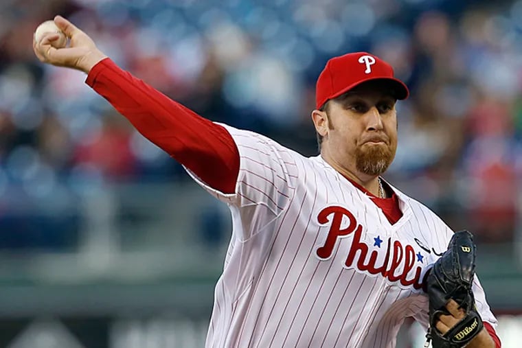 Phillies' pitcher Aaron Harang throws the baseball in the third-inning
against the Atlanta Braves on Friday, April 24, 2015 in Philadelphia. 
(Yong Kim/Staff Photographer)