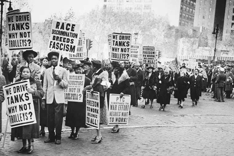 Mosley documents a protest march against the discriminatory hiring practice of the Philadelphia Transportation Company in the 1940s.