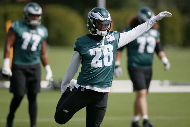 Eagles running back Miles Sanders warms up during practice at the NovaCare Complex on Sept. 20, 2019.