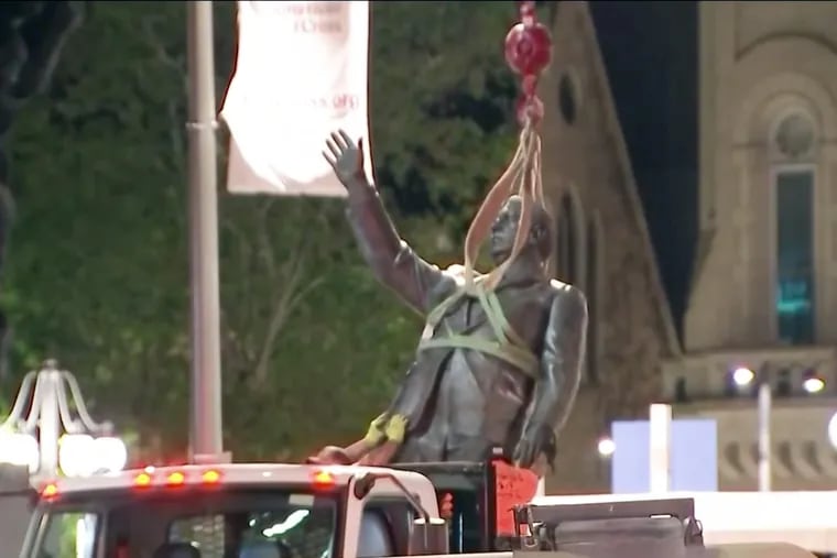The statue of former Philadelphia Mayor Rizzo was removed Wednesday.
