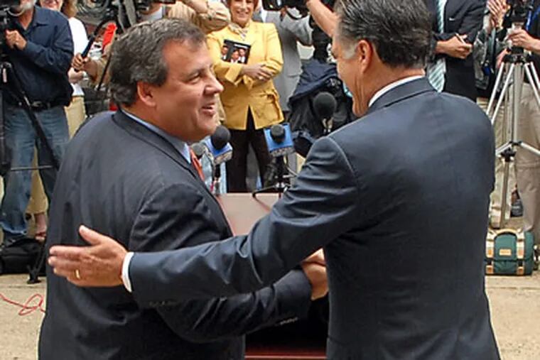 Republican gubernatorial candidate Chris Christie (cq-left) thanks former GOP presidential candidate Mitt Romney (cq-right) for his endorsement following a campaign speech on the steps of Haddonfield Borough Hall May 28, 2009. Ronmey told the crowd that New Jersey has "tried liberal" and it's time for the state "to have a chance to try conservative." ( Tom Gralish /  Staff Photographer ) JE1GOV29aTG 110384 Thu 5/28/2009 Location: Haddonfield Boro Hall 242 Kings Highway East Haddonfield NJ Story: JE1GOV31 () / We wrap up the gov's race, hit highlights, mention other races, on final Sunday before primary election. Reporter: Burton, Cynthia Reporter's Ext.: 215-313-3323 Additional story info: Mitt Romney endorses Jersey gubernatorial primary candidate Chris Christie at Haddonfield Boro Hall in a last ditch effort to get Republican votes in a contested primary Contacts: Mitt Romney to endorse Jersey gubernatorial candidate Chris Christie Phones: 609-579-3181 flack britney brammel