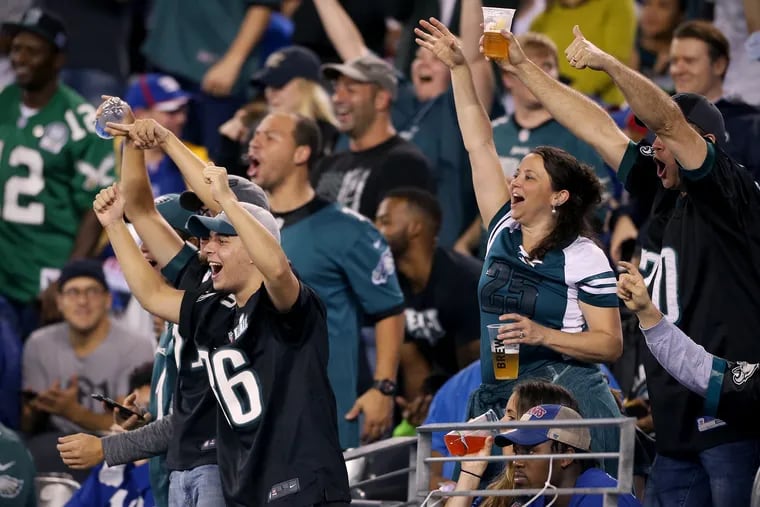 Eagles fans cheer during a game against the New York Giants at MetLife Stadium in East Rutherford, N.J., on Thursday, Oct. 11, 2018.