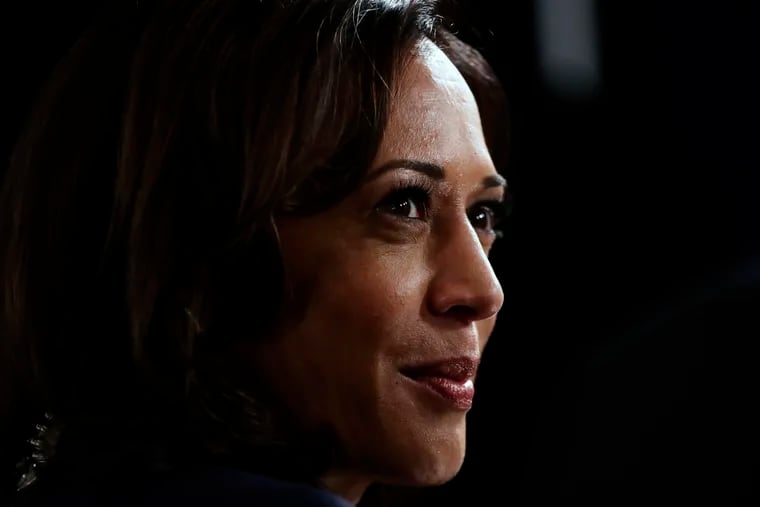 Sen. Kamala Harris, D-Calif., talks to the media in the spin room following the Democratic presidential primary debate hosted by ABC on the campus of Texas Southern University in Houston on Sept. 12, 2019.