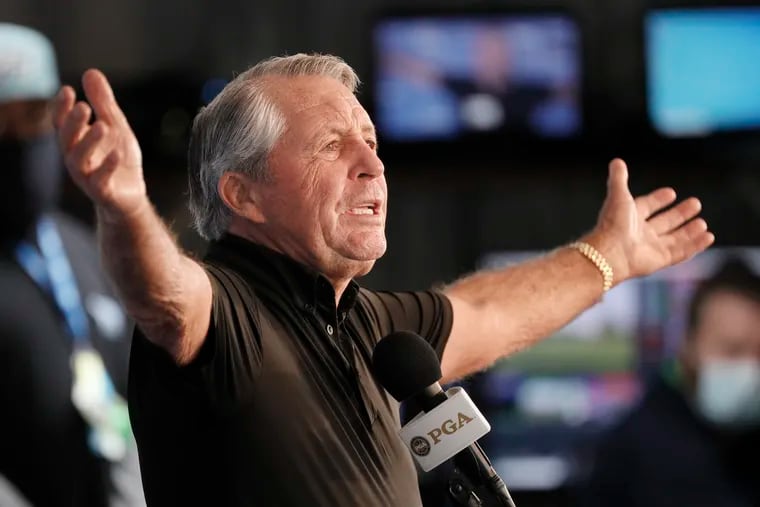 Golf legend Gary Player, 85, celebrates while doing interviews and sharing jokes at Aronimink Golf Club on Saturday.
