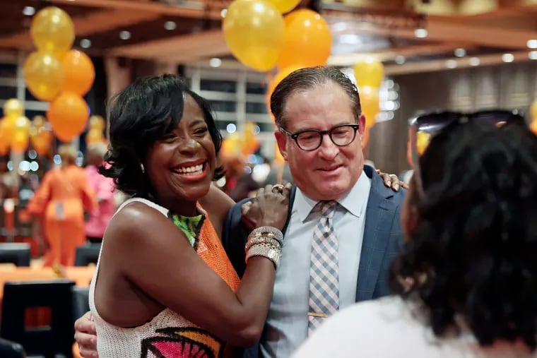 Former 9th District Philadelphia City Councilmember Cherelle Parker (left) and Economy League of Greater Philadelphia’s Jeff Hornstein at her birthday party.