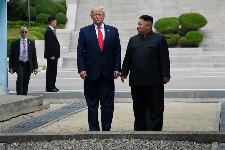 President Donald Trump and North Korean leader Kim Jong Un, stand on the North Korean side of the border in the Demilitarized Zone, Sunday, June 30, 2019 in North Korea. (AP Photo/Susan Walsh)