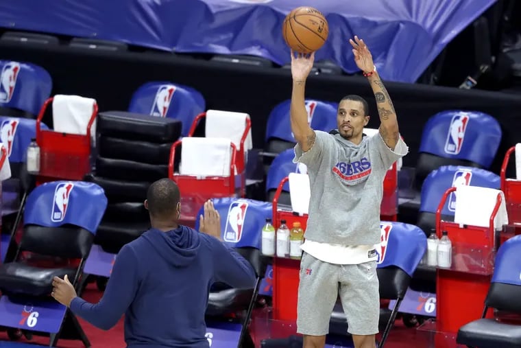 George Hill of the SIxers works out before a NBA game at the Wells Fargo Center on April 14, 2021.