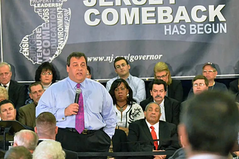 Gov. Christie answers questions at the National Guard Armory during a town hall meeting in Vineland. The Thursday event was somewhat more subdued than other Christie town halls have been as Christie discussed his plans to send nonviolent drug offenders to treatment instead of prison. (Michael Ein / The Press of Atlantic City)