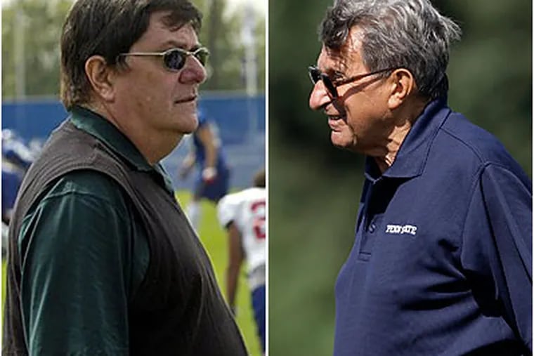 Former Giants general manager Ernie Accorsi (left) was friends with Joe Paterno for 42 years, (File photos)