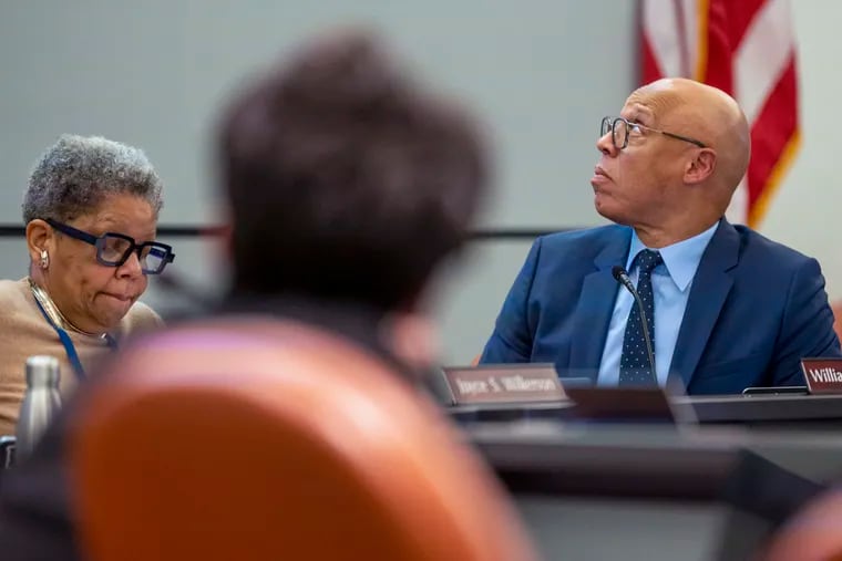 Philadelphia School District Superintendent William R. Hite Jr. (right) and board member Joyce Wilkerson (left) listen to presentations of the district’s $3.9 billion school budget during the school board’s meeting on March 24, 2022.