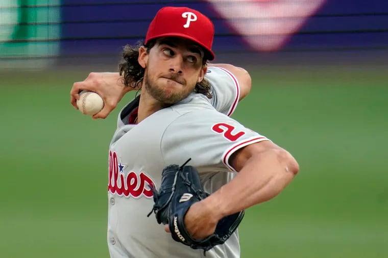 Philadelphia Phillies starting pitcher Aaron Nola delivers during the first inning against the Pittsburgh Pirates on Saturday, July 31, 2021. Nola pitched six solid innings.