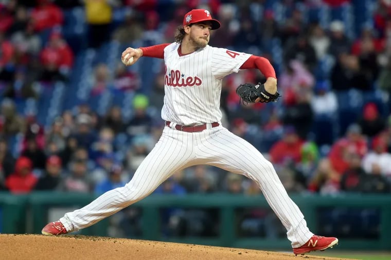 Starter Aaron Nola is on the mound in the first inning as the Phillies face the New York Mets at Citizens Bank Park April 15, 2019.