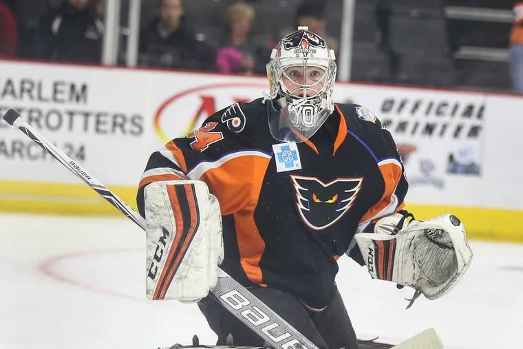 Phantoms goalie Alex Lyon was ejected for kicking a player in the third period Wednesday.