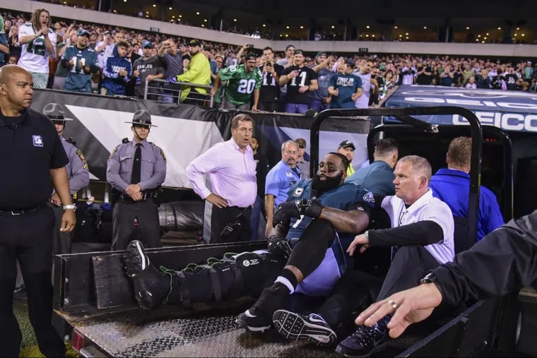 All-pro tackle Jason Peters is carted off the after being injured in the 3rd quarter of the Eagles’ 34-24 win against Washington.