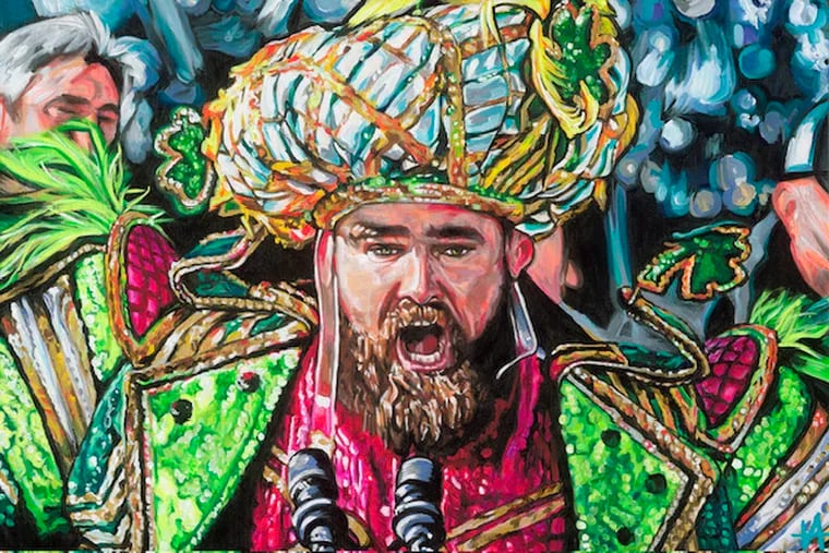 Tori Tomasco's print of Jason Kelce in a Mummers costume at the Super Bowl LII parade.
