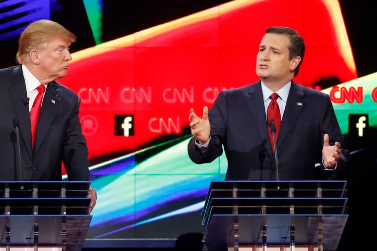 Donald Trump and Ted Cruz during Tuesday night's debate in Las Vegas.