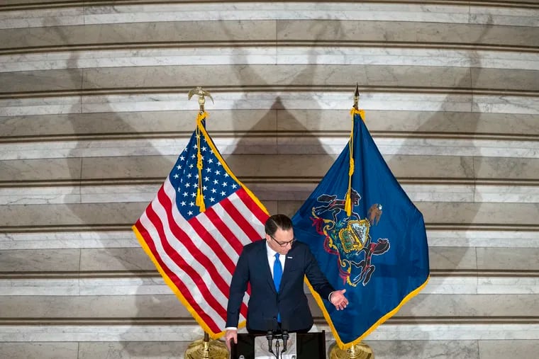 Gov. Josh Shapiro delivers his second budget address Tuesday on the grand staircase in the rotunda in the Capitol building in Harrisburg.