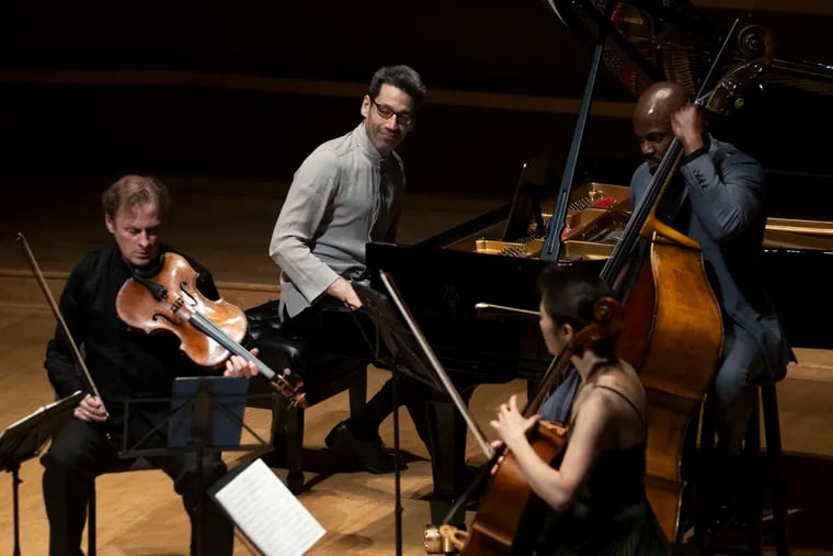 Pianist Jonathan Biss performing Schubert's "Quintet in A Major, D. 667," also known as the "Trout" Quintet, with double bassist Joseph Conyers and members of the Brentano String Quartet at the Perelman Theater on Sunday.