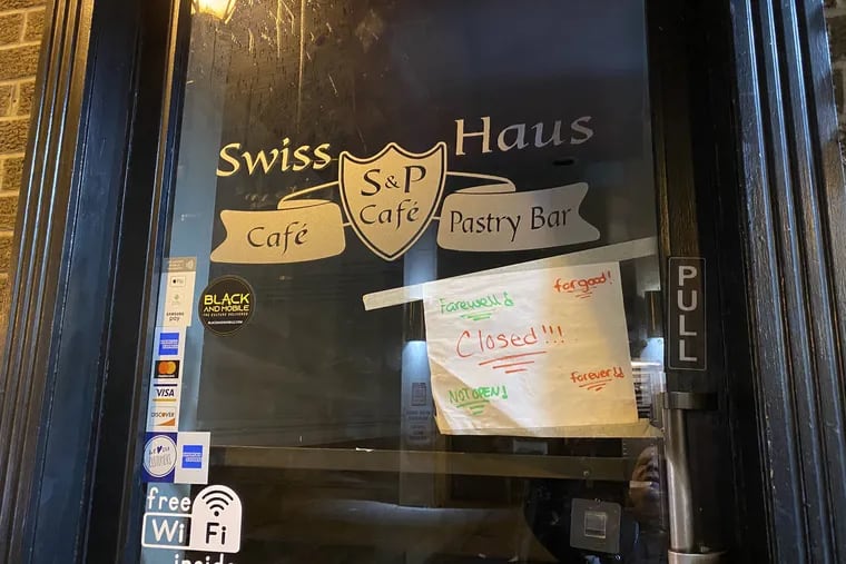 Sign on door of Swiss Haus indicates that the business has closed.