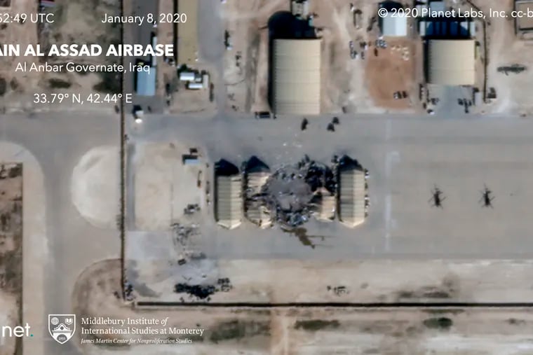 This satellite image provided by Middlebury Institute of International Studies and Planet Labs Inc. shows the damage caused from an Iranian missile strike at the Ain al-Asad air base in Iraq.