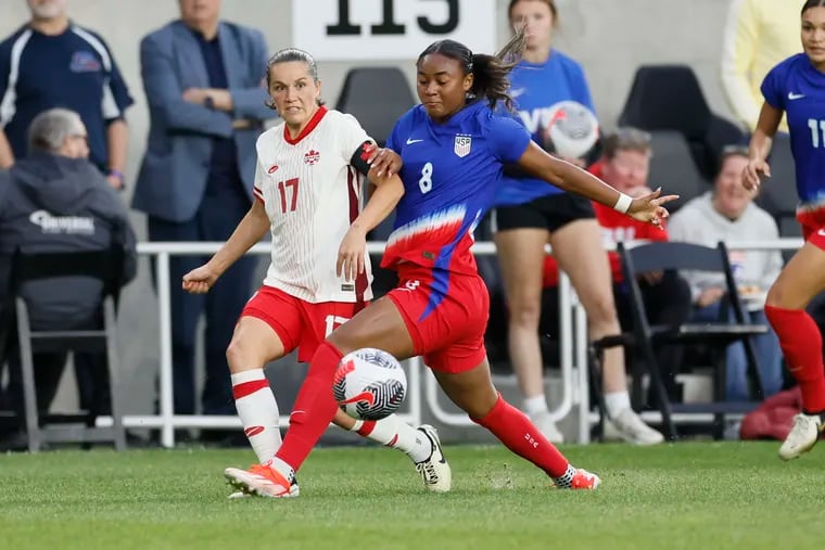 Jaedyn Shaw (right) played in the marquee central attacking midfield role for the U.S. women's soccer team in both games of the SheBelieves Cup.