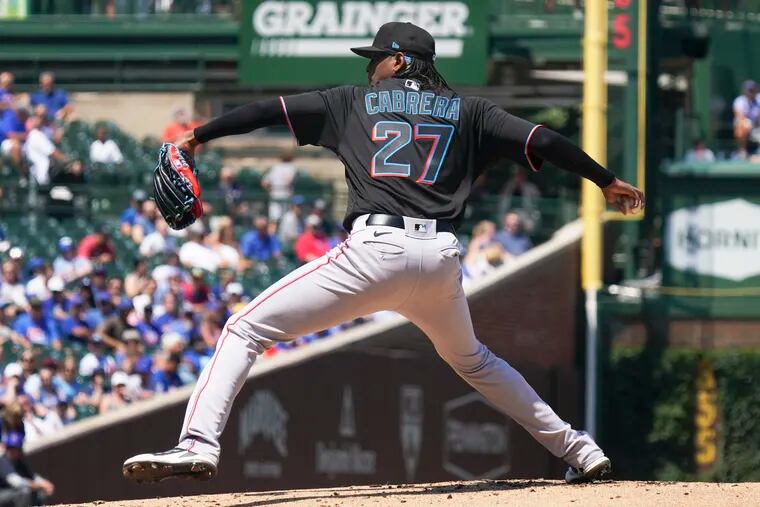 Edward Cabrera #27 of the Miami Marlins throws a pitch during the first inning of a game against the Chicago Cubs at Wrigley Field on August 05, 2022 in Chicago, Illinois. (Photo by Nuccio DiNuzzo/Getty Images)