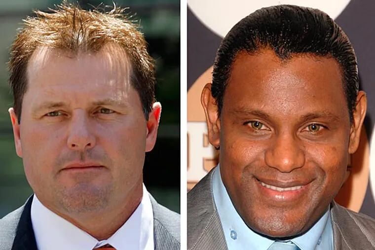 At left, in a July 14, 2011 file photo, former Major League baseball pitcher Roger Clemens leaves federal court in Washington. At right in a May 13, 2009 file photo, former baseball player Sammy Sosa attends the People En Espanol "50 Most Beautiful" gala in New York. Baseball's all-time home run king and its most decorated pitcher likely will be shut out of the Hall of Fame when the vote is announced in January 2013. An AP survey shows that Bonds and Clemens, as well as Sammy Sosa, don't have enough votes to get into Cooperstown. (AP Photo/File)