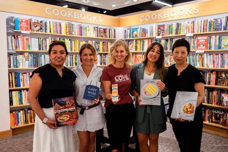 Sisterly Love Collective will host a series bringing top female cookbook authors to Philly. Jezabel Careaga (from left), Shari Bayer, Jennifer Carroll, Sofia Deleon, and Ellen Yin at the Monday news conference at Barnes & Noble.