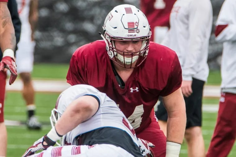Temple offensive tackle James McHale works in practice.