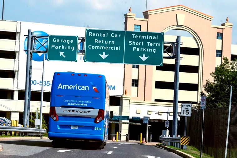An American Airlines motorcoach operated by Landline arrives at Atlantic City International Airport Thursday, July 13, 2023.