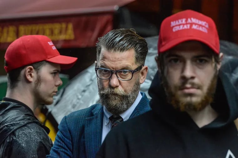 Proud Boys founder Gavin McInnes takes part in an Alt Right protest in New York City. McInnes is expected to speak at Pennsylvania State University later this month.