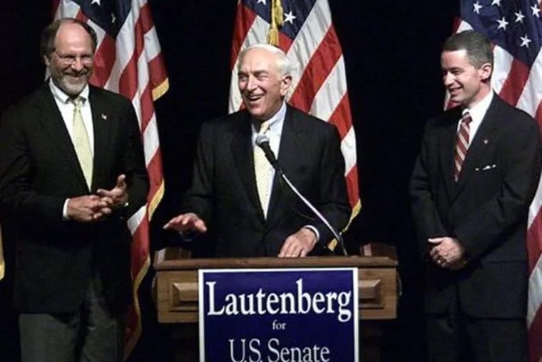 FILE - In this Oct. 2, 2002 file photo, Frank Lautenberg, center is flanked by Sen. Jon Corzine, D-N.J., left, and Gov. James McGreevey, in Trenton, N.J., the day the N.J. Supreme Court said Democrats could replace Sen. Robert Torricelli with Lautenberg on the ballot in the upcoming election against Douglas Forrester. Lautenberg died Monday, June 3, 2013 at age 89. Lautenberg retired in 2000 after 18 years in the Senate, saying he did not have the drive to raise money for a fourth campaign, but he won the 2002 election and returned to the Senate at age 78, resuming his role as a leading liberal. (AP Photo/Rich Schultz, File)