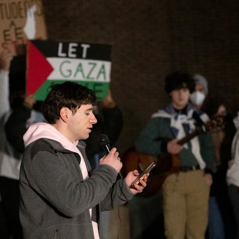 Penn student Jack Starobin protests on Monday, Nov. 27, 2023, after the school denied a progressive Jewish group there permission to this week screen a film critical of Israel on campus.