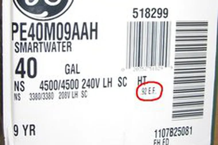 A consumer can compare the energy efficiency of water heaters by their energy factors, circled on the label.