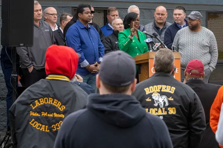 Presumptive mayor Cherelle Parker, at the time a candidate seeking the Democratic nomination, speaks to tradespeople gathered to support her run for office. The Philadelphia Building & Construction Trades Council endorsed Parker for mayor in February.
