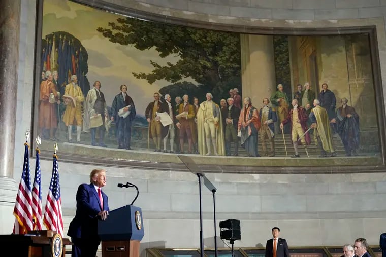 President Donald Trump speaks to the White House conference on American History at the National Archives Museum, Thursday, Sept. 17, 2020, in Washington. (AP Photo/Alex Brandon)