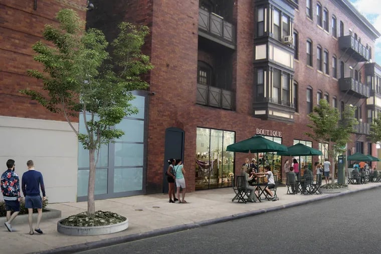 Artist&#039;s rendering of retail space being built on ground floor of Hamilton Court apartments on Chestnut Street in University City, as seen from 19th Street.