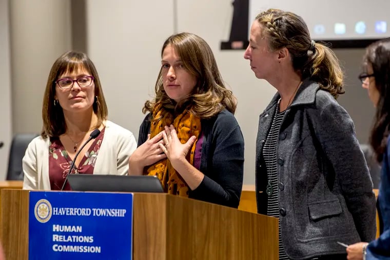 Members of the Havertown-Area Community Action Network, or H-CAN, Yvonne Fabella (from left), Sarah McCafferty and Krista Malott answer questions as the Haverford Township Human Relations Commission holds a town hall on diversity and inclusion.