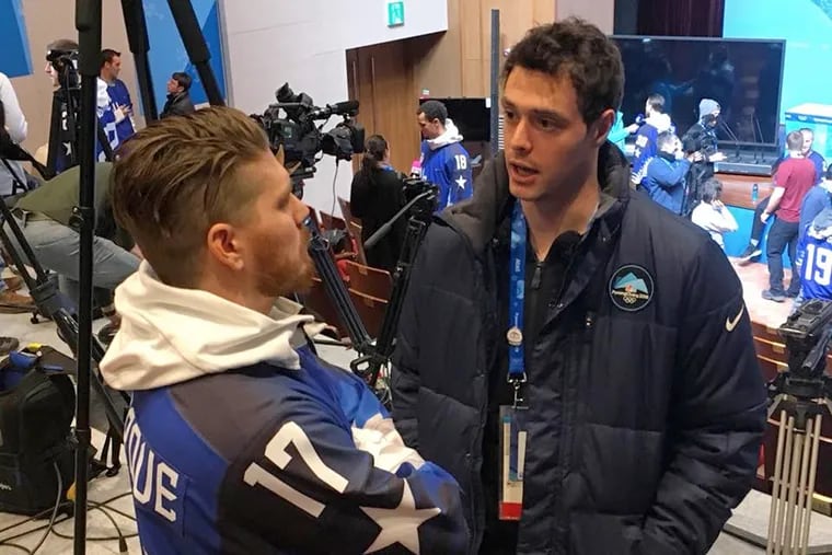 From the NHL to the broadcast booth: Radnor grad Colby Cohen (right) interviews Team USA' Chris Bourque during the 2018 Olympics in PyeongChang.