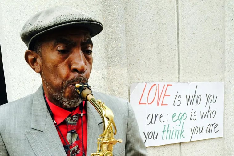 “There’s small things we can do to make a difference,” said street musician David Puryear, who sees a gamut of human behavior while playing his saxophone at Third and Market Streets daily.