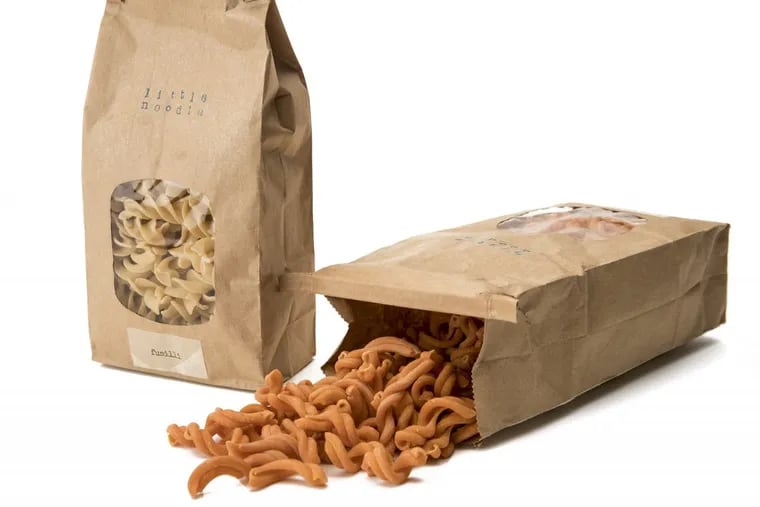 Fresh extruded pasta products from the  Little Noodle founded by local chef Jason Cichonski, including plain fusilli and red chile-infused gemelli.