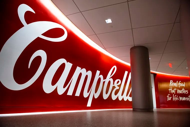 A giant sign with the company name in the Campbell Soup Co. headquarters in Camden.