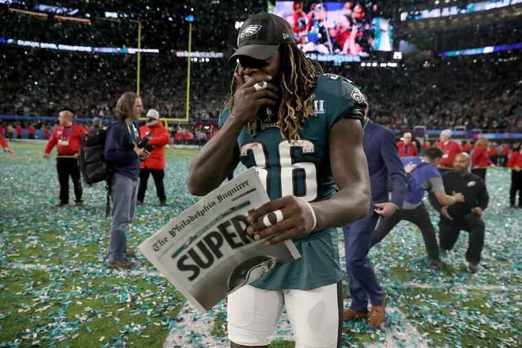 Eaglesâ€™ Jay Ajayi reacts after the Philadelphia Eagles win the 41-33 over the New England Patriots to win the Super Bowl in Minneapolis, MN on February 4, 2018.