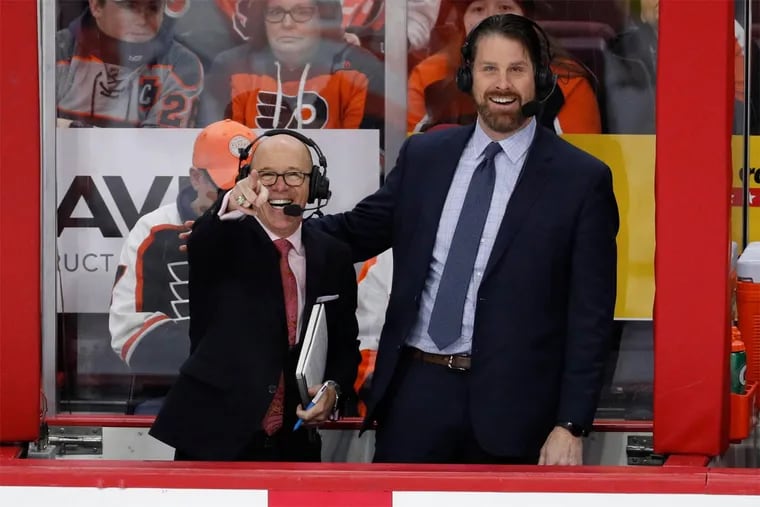 Former Flyers defenseman Chris Therien (right), seen here in the booth next to NHL on NBC.'s Darren Pang, won't return to his role on NBC Sports Philadelphia's Flyers broadcasts.