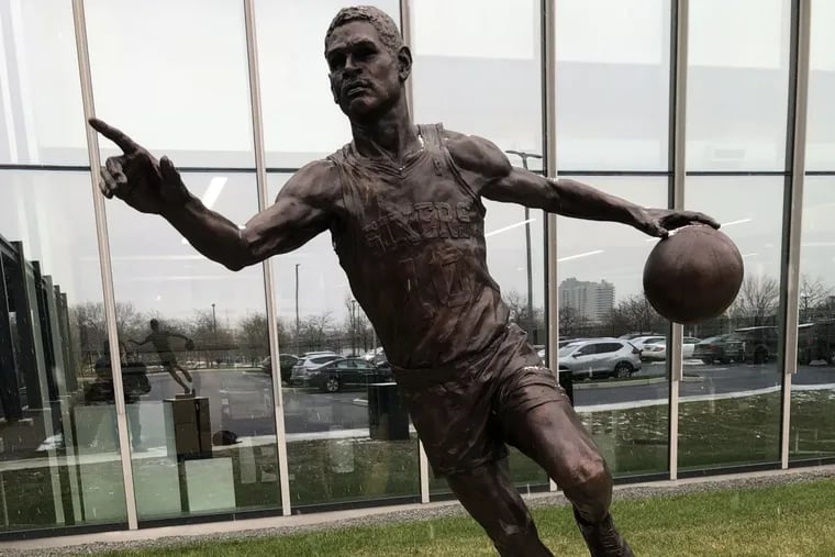 The new statue of Maurice Cheeks outside the Philadelphia 76ers’ training facility in Camden.