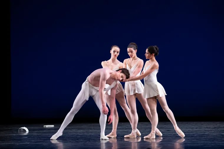 Pennsylvania Ballet's Sterling Baca, Alexandra Hughes, Lillian DiPiazza, and Mayara Pineiro in Balanchine's "Apollo"