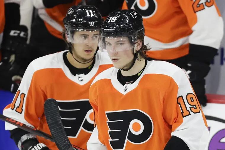 Flyers center Nolan Patrick (19) has five points in the first three games of the road trip, which ends Monday in Glendale, Ariz.